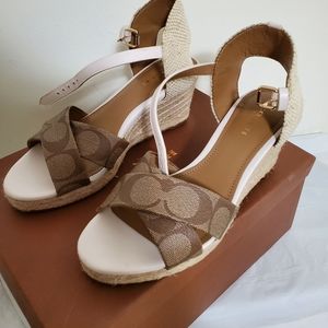 Coach 5 sandals heels wedges open toe tan white
